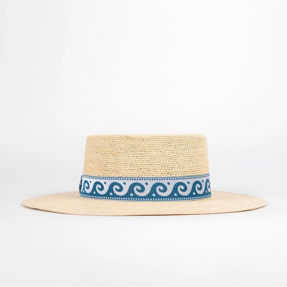 Anthropologie X Elegancia Tropical Stylish Beige Straw Hat with Blue Wave Band main image 4
